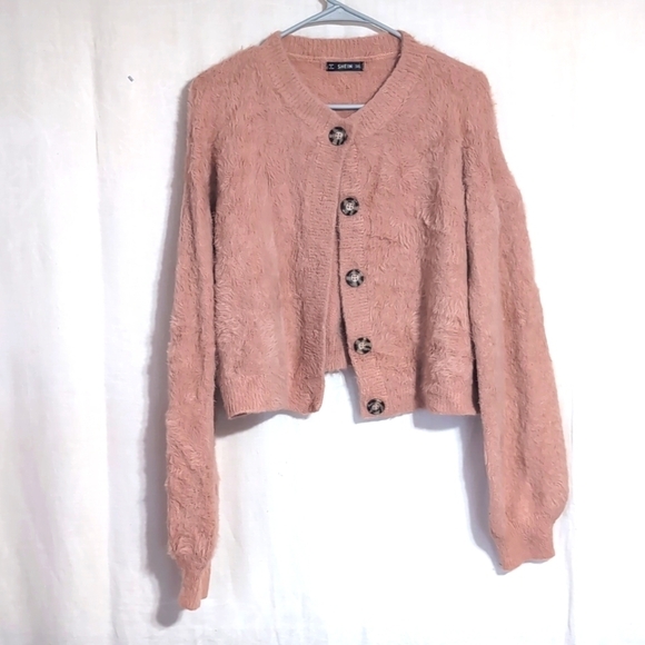 Shein Dusty Rose Pink Faux Fur Cropped Button Cardigan Size 3x - Picture 1 of 5